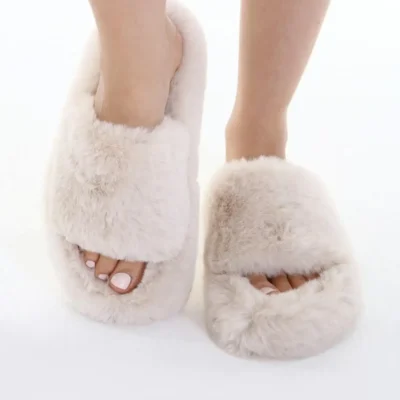 کفش راحتی خانه زنانه با کرم نرم و پشمالو 3 سانتی متر مدل BYND01 - 3985