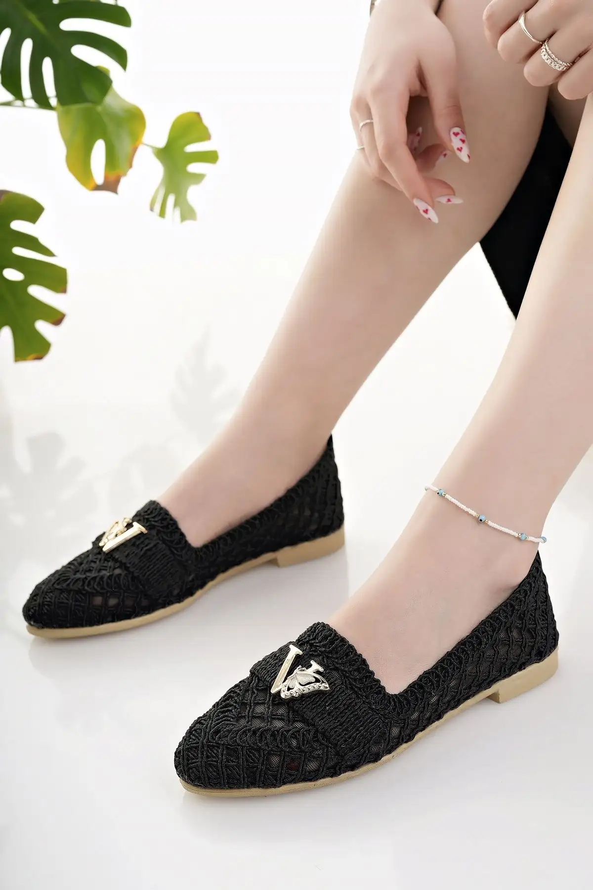 کفش اداری زنانه های باله ای مشکی با بافت حصیری و بافت توری شیک برای منزل، کار و استفاده روزمره - 4404