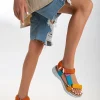 کفش صندل زنانه روزمره ورزشی با کفی راحت و پاشنه کوتاه، قلابی، مدل SS001-0158، زرد-نارنجی - 4838