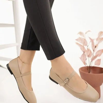 کفش اداری زنانه بیژ باری که بند دارد، کمربند دار، سبک، راحت و شیک برای کار و استفاده روزمره - 4251