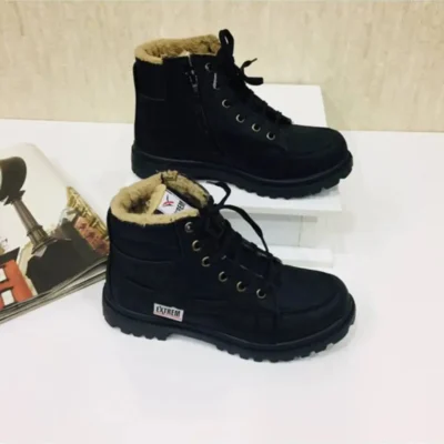 کفش دخترانه چکمه مردانه مشکی با آستری پشمی و زیپ - 5209