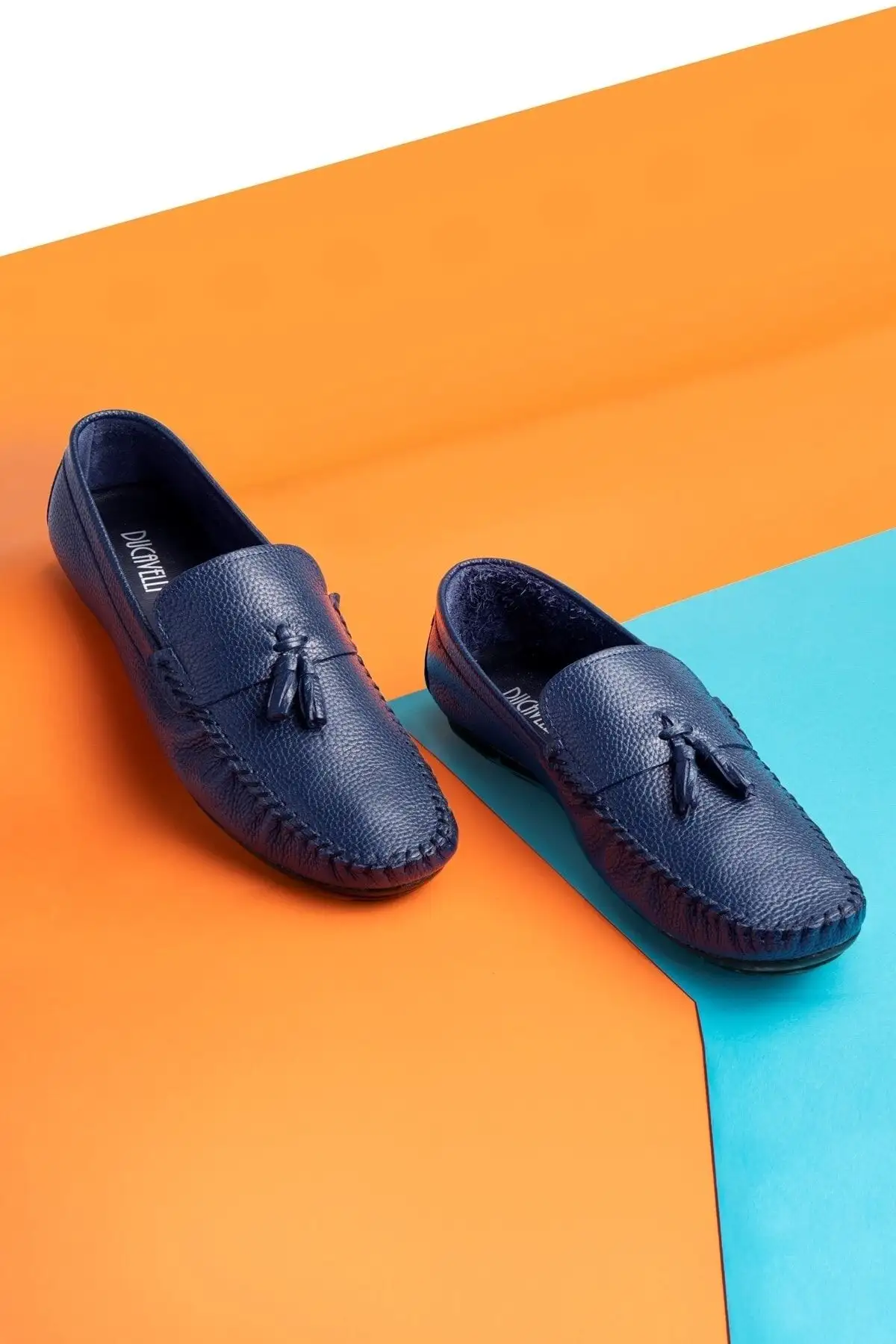 کفش سایز بزرگ مردانه روزانه از چرم طبیعی نوبل، loafer روکش دار به رنگ سرمه‌ای - 5067