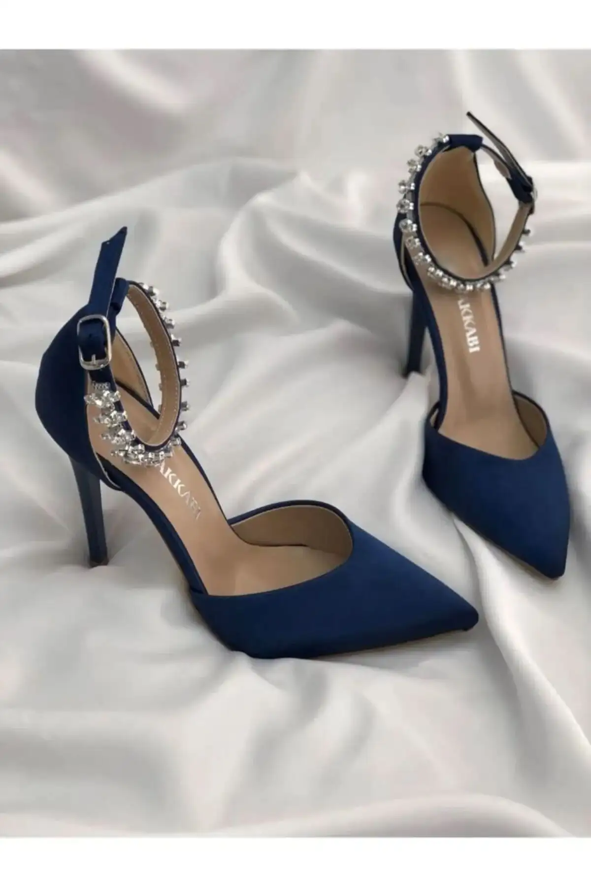 کفش پاشنه‌ بلند زنانه کفش پاشنه بلند ابی ساتن با نگین - ارتفاع پاشنه 9 سانتی متر - 3694