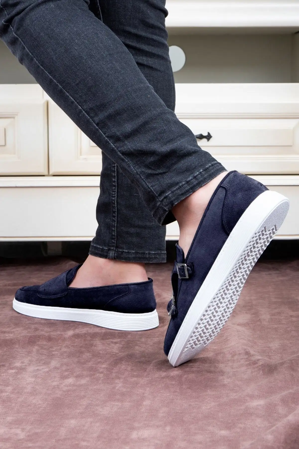 سایز بزرگ مردانه جاگیر گرانیت طبیعی چرمی مردانه، کفش لوفر سوئیدی، کفش تابستانی رنگ آبی تیره - 3515