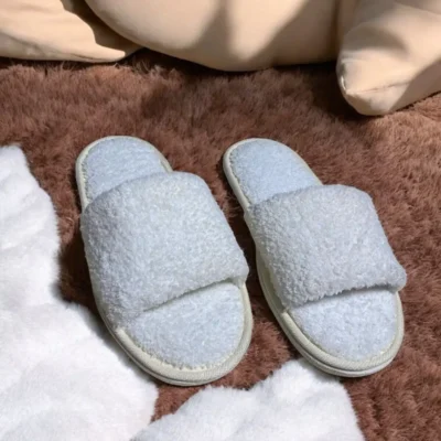 کفش راحتی خانه دمپایی خانگی سفید پشمی unisex با جلو باز - 3956