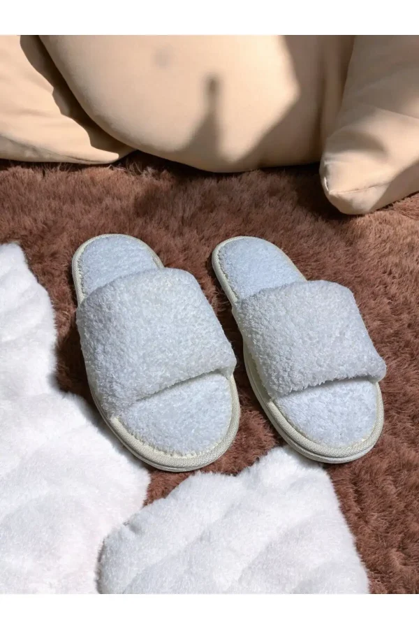 کفش راحتی خانه دمپایی خانگی سفید پشمی unisex با جلو باز - 3956