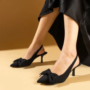کفش پاشنه‌ بلند زنانه کفش کلاسیک پاشنه‌دار کوتاه فارغ‌التحصیلی و اداری با بند پشت و پاپیون ساتن مشکی - 3701