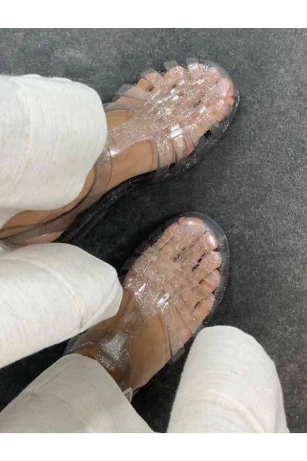 کفش صندل زنانه ژله‌ای با نقره‌ای شفاف و براق - 5406