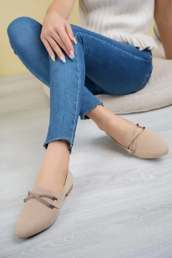 کفش تخت زنانه تریکو بابت با لبه‌ی سنگی - 4526