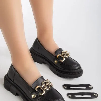 کفش زنانه لاوفر مشکی با زیره ضخیم و جزئیات زنجیری طلایی، باله روزمره - 4043