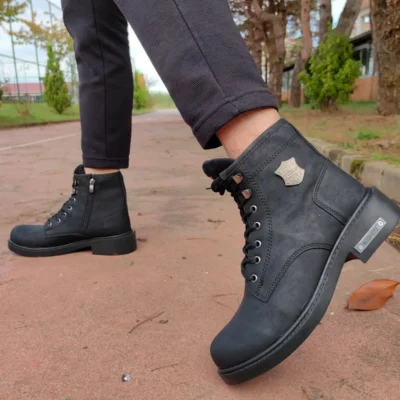 بوت مردانه کفش چرم کبریتی بنددار و زیپی زنانه و مردانه با زیره ضد لغزش و استایل موتوری برای فصل زمستان - 3445