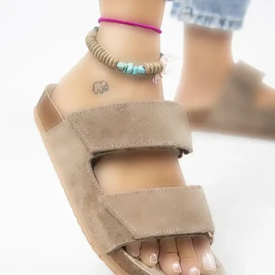 کفش راحتی خانه دمپایی چرم طبیعی وینا با بند چسبی به رنگ ویزون - 5266