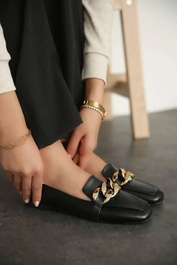 کفش تخت زنانه بربری مشکی چرم - 5181