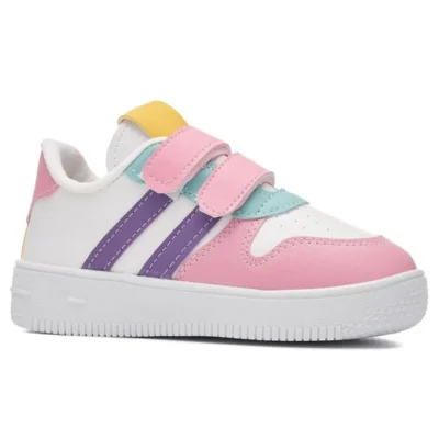 کفش بچگانه کفش ورزشی روزمره دخترانه سفید بنفش صورتی ليلک با بند چسبی و دو نوار راحت و سبک مدل ZL001 - 3587