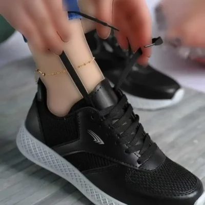 کفش تخت زنانه کفش مشکی و سفید با کفی ضخیم و مشبک - 3785