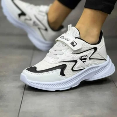 کفش نوزاد پسر ورزشی بچگانه اسپرت سفید و مشکی با بند، یک چسب، انعطاف‌پذیر و سبک، قابل تنفس و یونیسکس با رویه مشبک - 4112