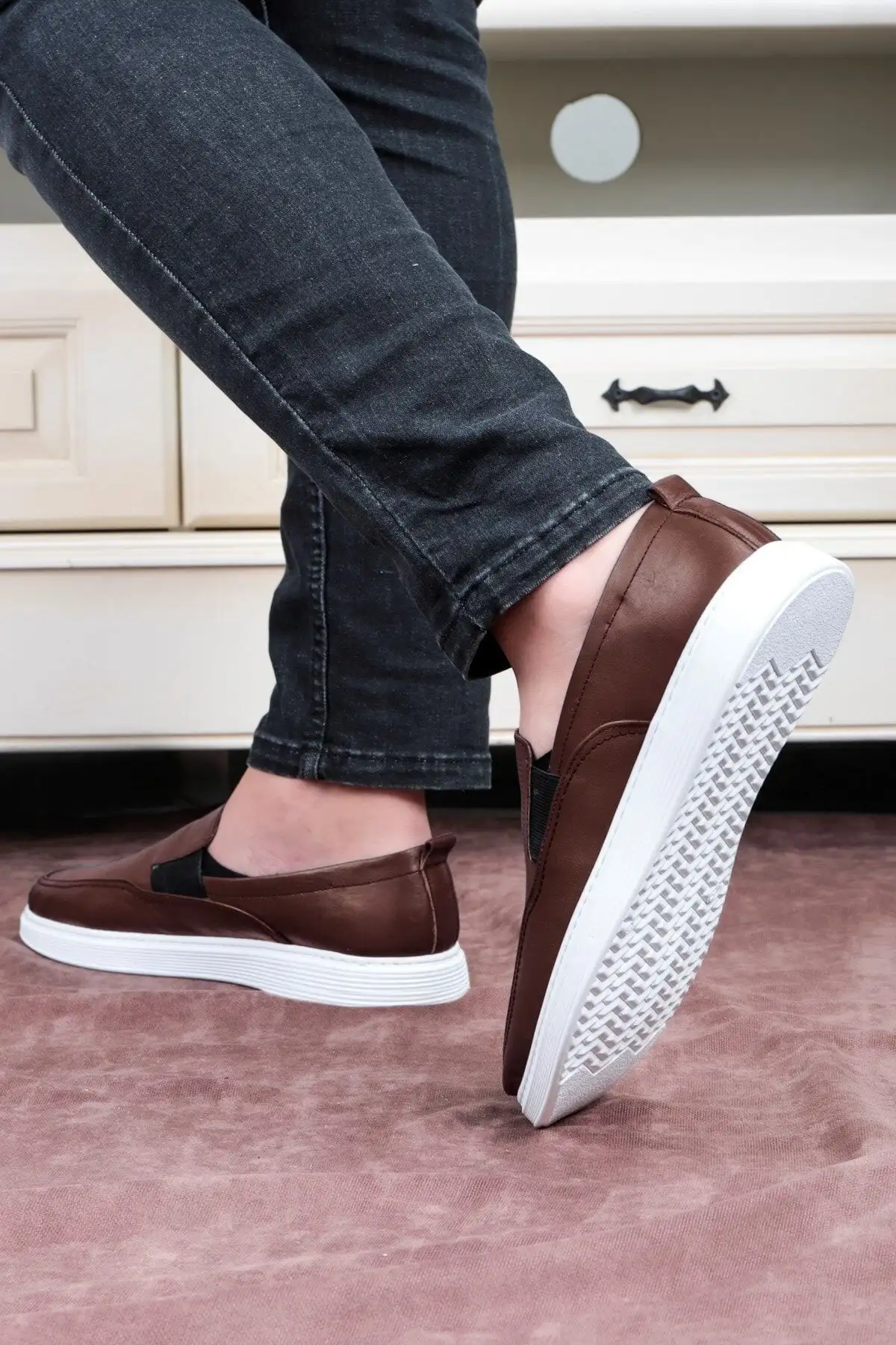 کفش سایز بزرگ مردانه روزمره چرم اصل سئون، لوفر، تابستانی، سبک قهوه‌ای - 5040