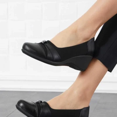 کفش پاشنه‌ بلند زنانه پاشنه رنگی با کمربند، ساتن مشکی - 5124