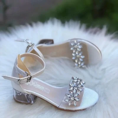 کفش بچگانه مجلسی دخترانه با پاشنه شفاف و جزئیات گل و سنگ‌دار - 4413