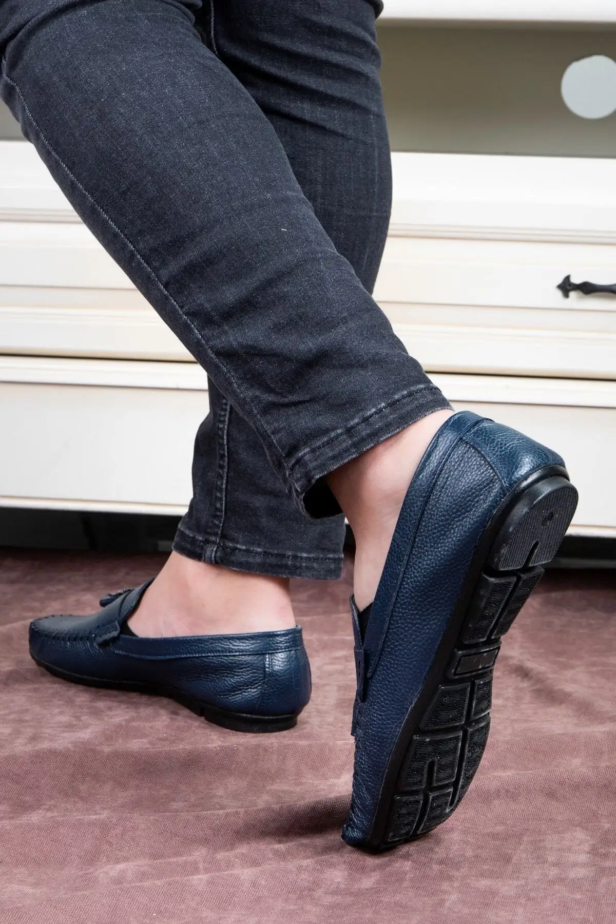 کفش سایز بزرگ مردانه روزانه از چرم طبیعی نوبل، loafer روکش دار به رنگ سرمه‌ای - 5067