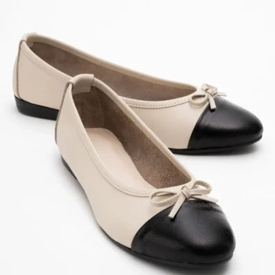 کفش تخت زنانه جنس: بژ-سیاه، چرم واقعی، با پاپیون، دخترانه باله - 4532