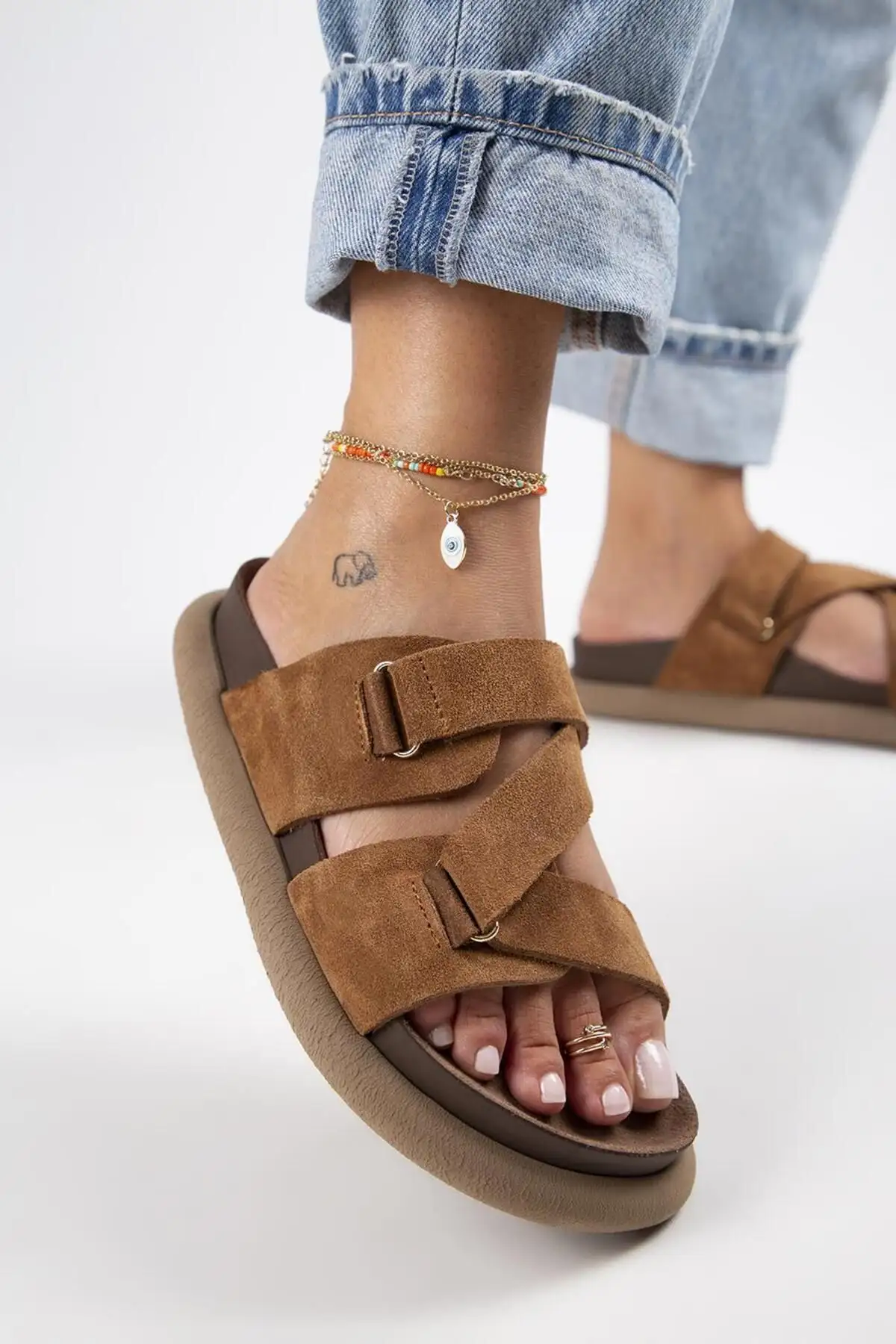 کفش راحتی خانه تولپان صندل تابا زنانه از چرم طبیعی با پاپیون - 3875