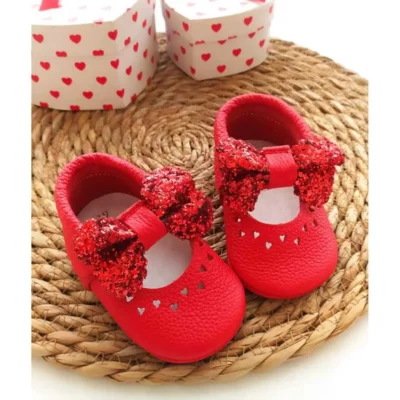 کفش نوزاد دختر پوتین دخترانه مدل پرنسس، چرمی، قرمز رنگ، برای نوزادان - 3326