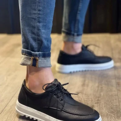 کفش روزمره مردانه کلاسیک با پاشنه بلند و کفی ضخیم، مدل Mp-t12 Bt، مشکی، با بند و اورتوپدیک - 5401