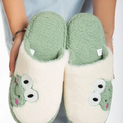 کفش راحتی خانه دمپایی خانگی پشمی با طرح قورباغه و زیره بی‌صدا - 3981