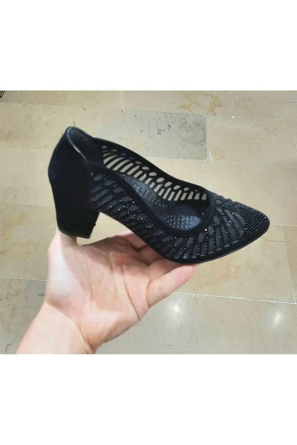 کفش پاشنه‌ بلند زنانه پاشنه کلاسیک با توری نرم و سنگ‌دار برای پاهای کج و استخوانی - 4303