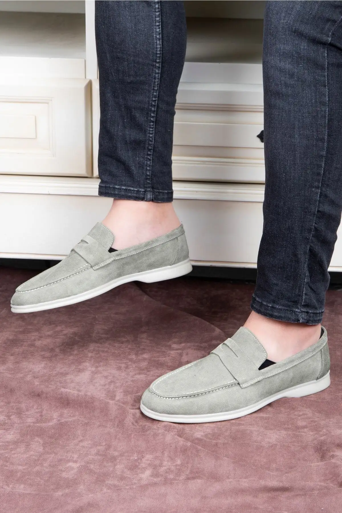 کفش سایز بزرگ مردانه روزمره آنتی سوئد با رویه چرم طبیعی مدل لوفر رنگ کرم بژ - 5045