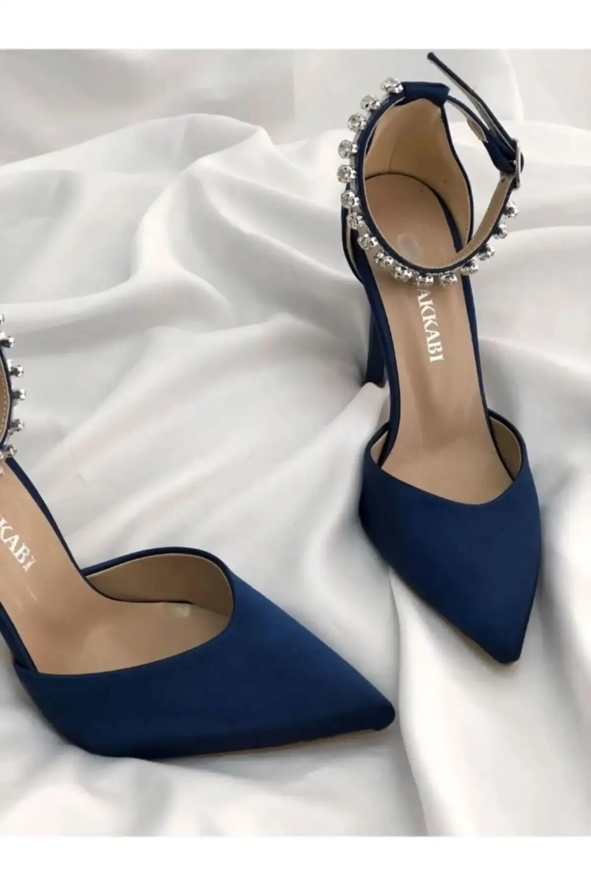 کفش پاشنه‌ بلند زنانه کفش پاشنه بلند ابی ساتن با نگین - ارتفاع پاشنه 9 سانتی متر - 3694