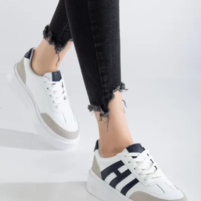 کفش زنانه ورزشی سفيد با ضمانت روزمره، با طراحی سبک و اورتودنیک، با زیره پلی (پلی‌اورتان) نرم و دوخت شده. - 4044