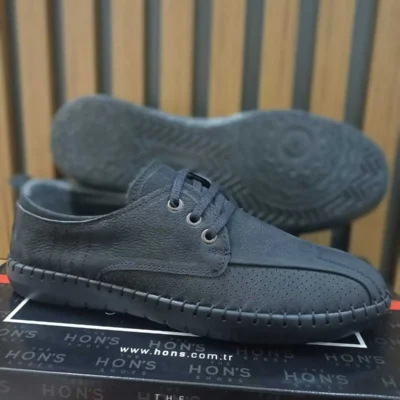 کفش رسمی مردانه چرم نوبوک طبیعی با بند و زیره لاستیکی دوزی شده سیاه - 4626