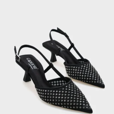 کفش پاشنه‌ بلند زنانه کفش زنانه با پاشنه متوسط و نوک تیز، پشت باز از جنس ساتن و دارای تزئینات سنگی - 3664