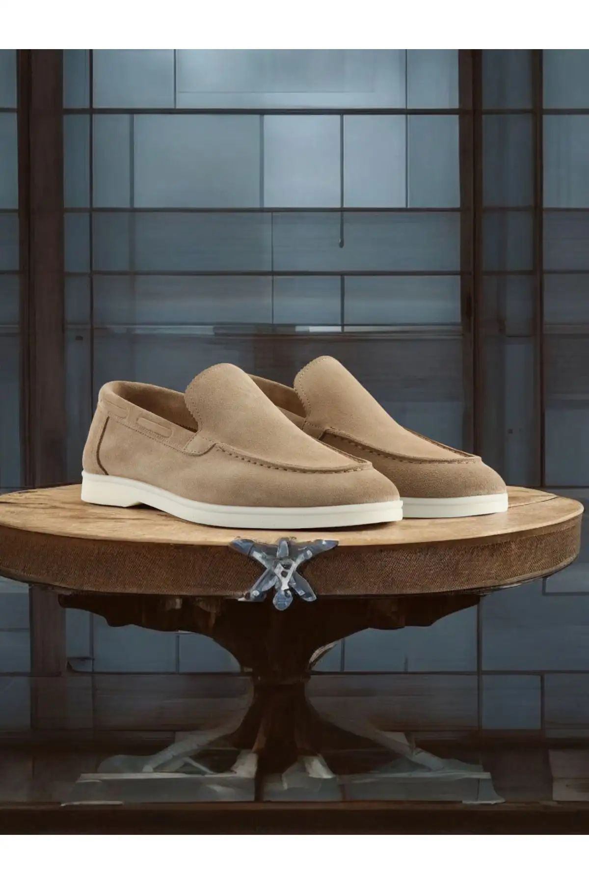 کفش رسمی مردانه کفش مردانه لوفر چرم طبیعی سوئدی بژ 800-05 - 3924