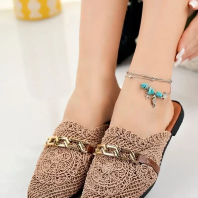 کفش راحتی خانه صندل زنانه جلو بسته حصیری رنگ تبا با طرح گلدوزی و مناسب برای استفاده روزمره و جهیزیه - 5356