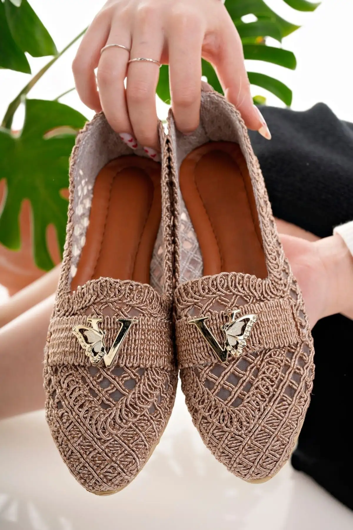 کفش اداری زنانه راحتی تابه حصیری بافتنی روشن شیک برای خانه، کار و روزمره - 4403