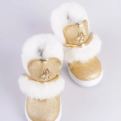 بوت بچگانه بوت دخترانه با جزئیات زنبوری و زیره ضد لغزش، با رویه مخملی و پوشش طلایی. - 3411