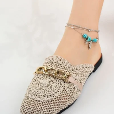 کفش راحتی خانه زنانه دمپایی حصیری جلو بسته بافتنی با گلدوزی - دمپایی روزمره بژ رنگ - 5347