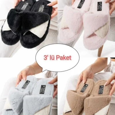 کفش راحتی خانه پک سه‌تایی دمپایی پشمی با زیره دوخته شده چینیلا، دمپایی طرح پیچ دار، مناسب برای ، ست جهیزیه - 3988