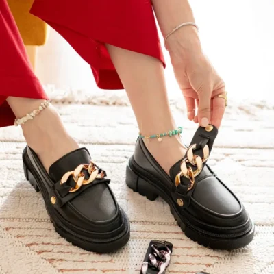 کفش تخت زنانه موی سیاه (3 دکمه مختلف) loafer از جنس چرم برای استفاده روزمره - 4543