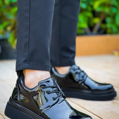 کفش رسمی مردانه کژوال با بند بوتری و زیره ضخیم دورتموند - مشکی لاکدار - 4634