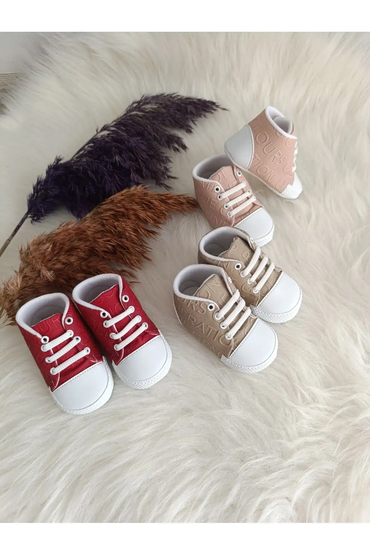 کفش نوزاد پسر کفش پتیک بچه‌گانه دخترانه/پسرانه با نوشته و بند، سایز 18-19، رنگ بژ - 3289