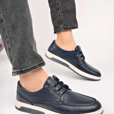 کفش روزمره مردانه کژوال چرم واقعی رنگ سرمه‌ای Mrd7-0129 - 4033