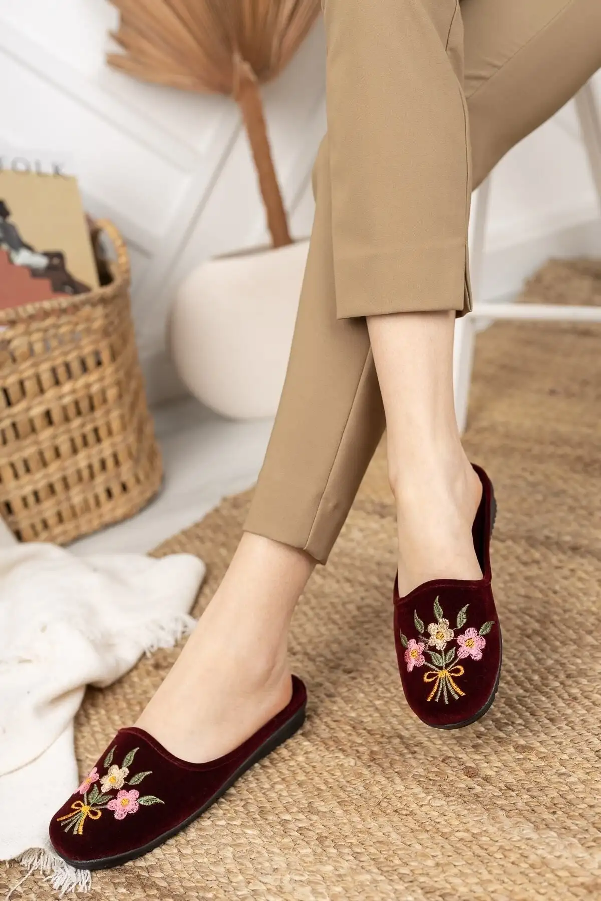 کفش راحتی خانه دمپایی زنانه Bordo Buket - دمپایی گرم و نرم داخلی با طراحی刺繍 برای جهیزیه - 3969