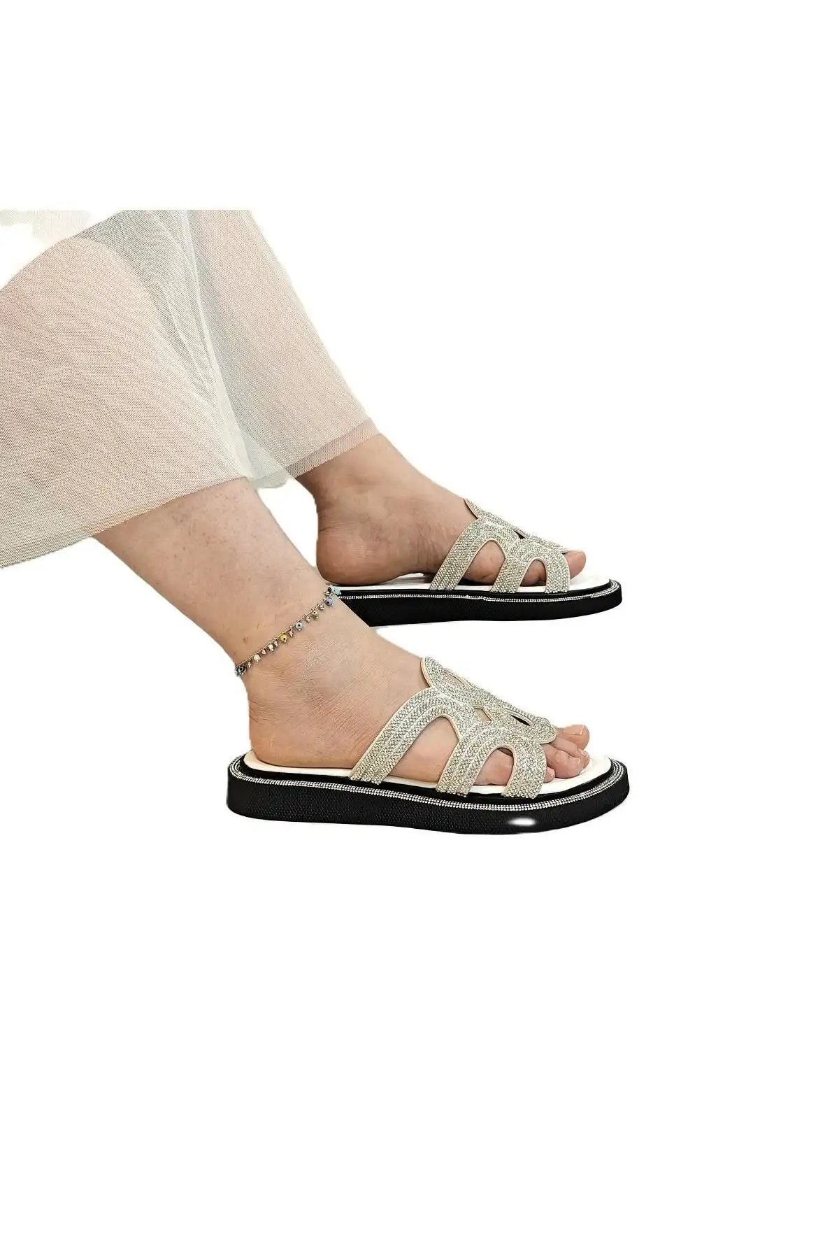 کفش راحتی خانه توجه: 7505 صندل با سنگ‌های سفید - 5260