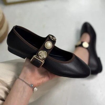 کفش اداری زنانه راحتی روزمره مدل بارت با بند طلایی مرواریدی و نوک بیضی، سبک و اورتopedیک مناسب برای خانه، کار و دفتر 300 - 4391