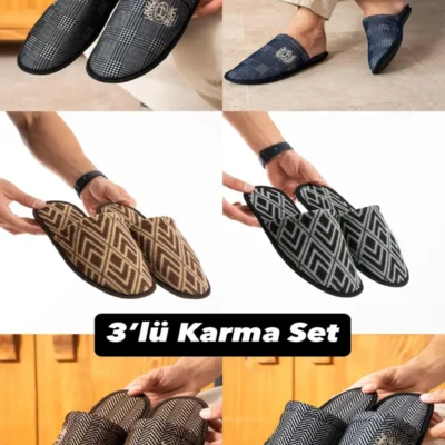 ست سه‌تایی دمپایی مردانه داماد، دمپایی فصلی زمستانی، دمپایی خانگی، ست بوفه عروسی، دمپایی مهمان. - 3267