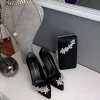 کفش اداری زنانه ست کیف ساتن مشکی با کفش زنانه پاشنه 11 سانتی شومپانی و نقره‌دوزی ستاره‌ای - 3561